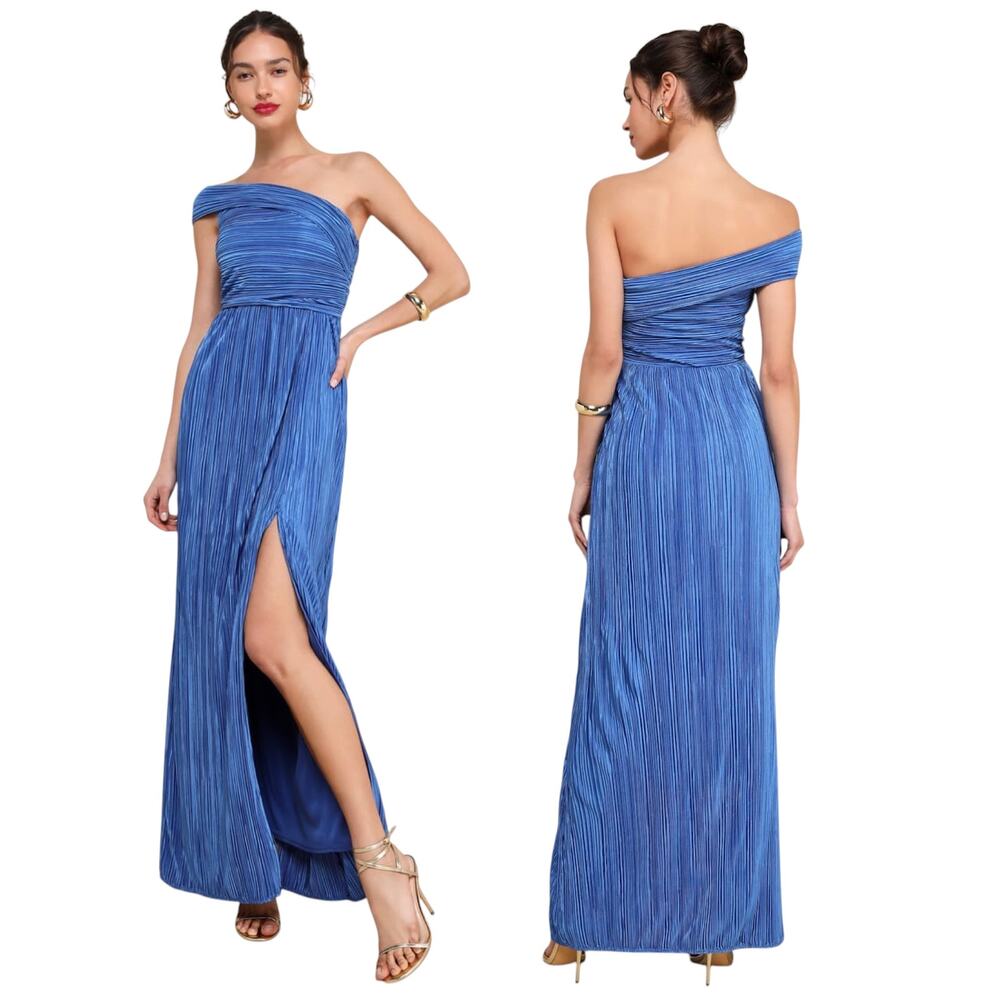 Lulus Poised Performance Blue Plisse One-Shoulder Maxi Dress size XL NWT